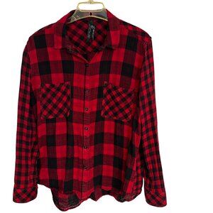 Seven 7 LS Button Up Cotton Shirt Womens Red Black Buffalo Plaid Lightweight Lg